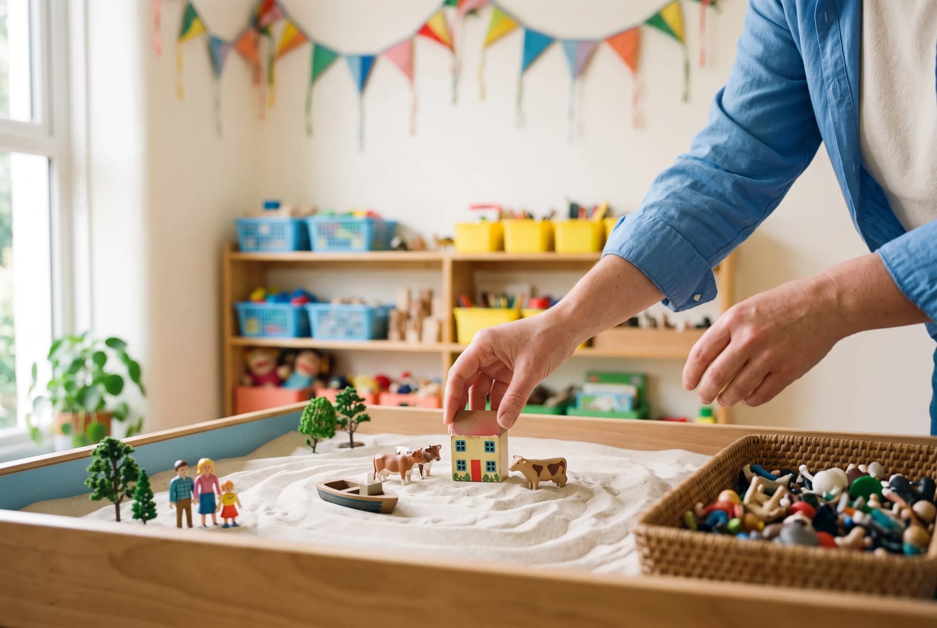 Seren's hands arranging small figures in the sand tray at Little Kite Therapy in Cardiff, adult hands only, no children pictured