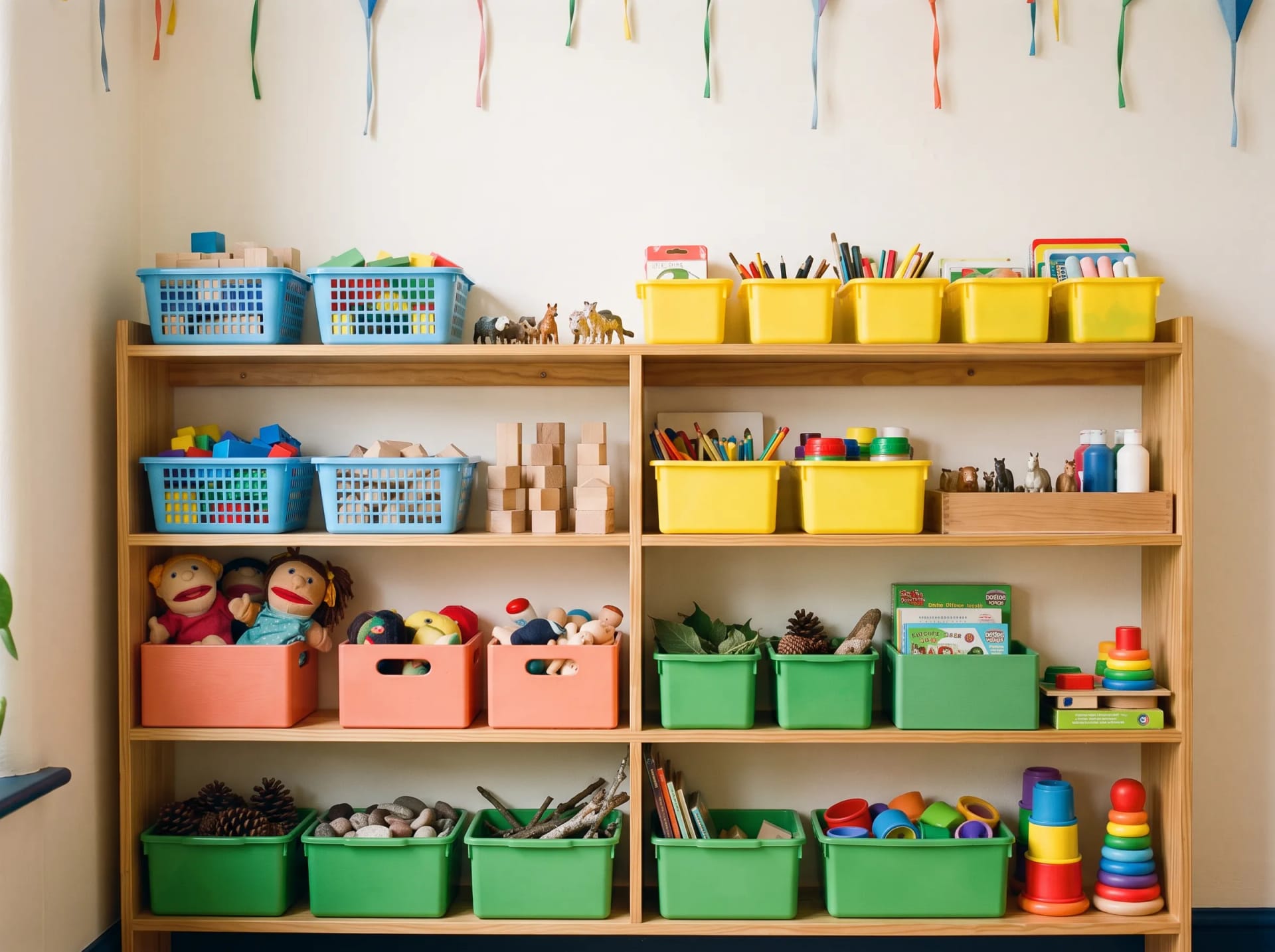 The colour-organised shelf of play materials in the Little Kite Therapy playroom in Cardiff