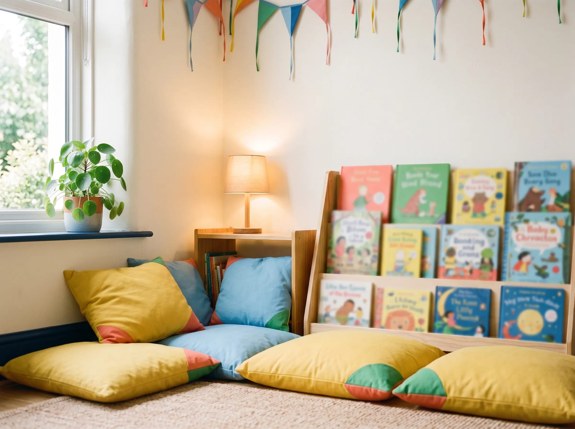 The cosy reading corner of the Little Kite playroom in Cardiff, cushions and picture books, no children pictured