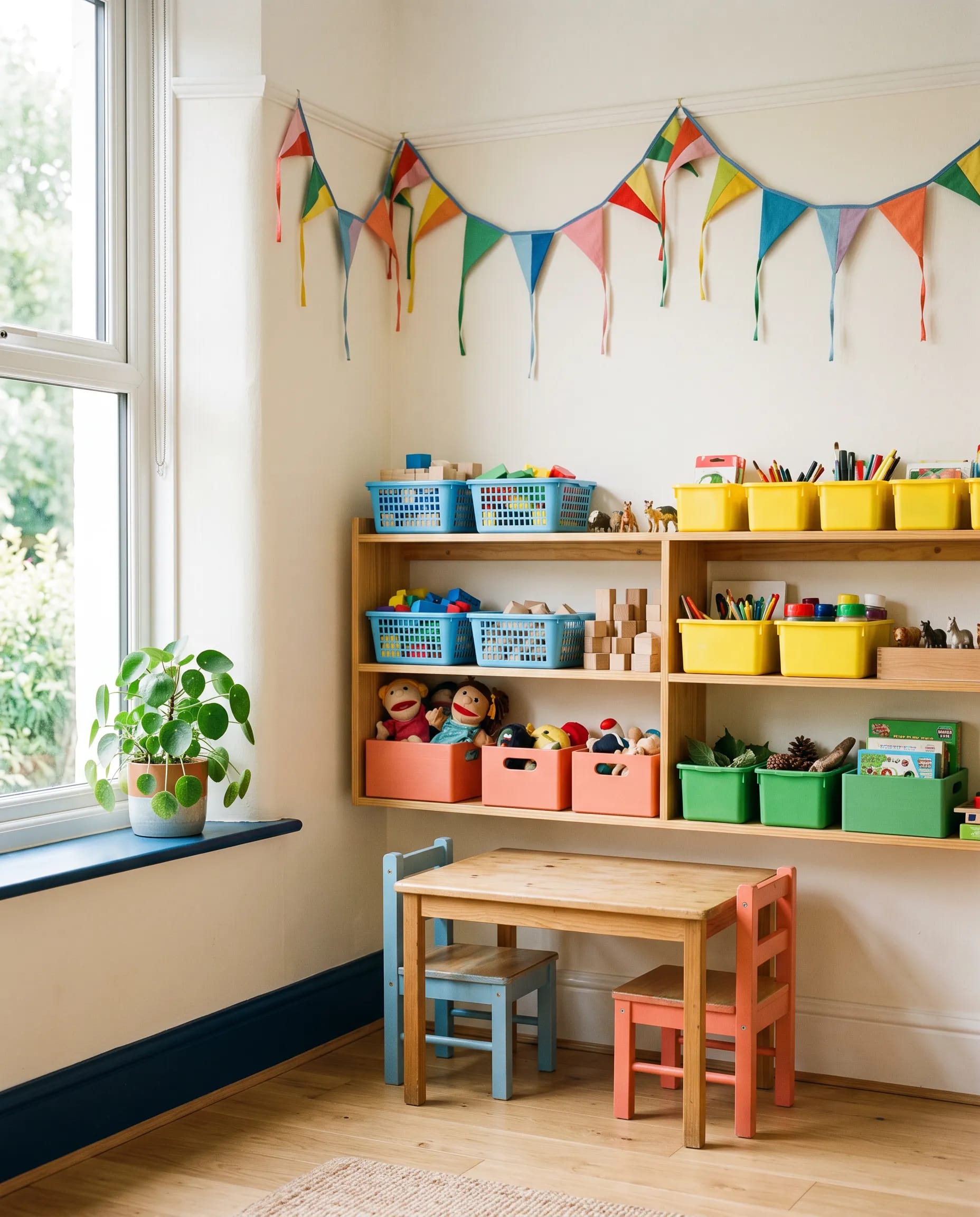 A bright corner of the Little Kite Therapy playroom in Pontcanna, Cardiff, with kite bunting above the toy shelves, no children pictured