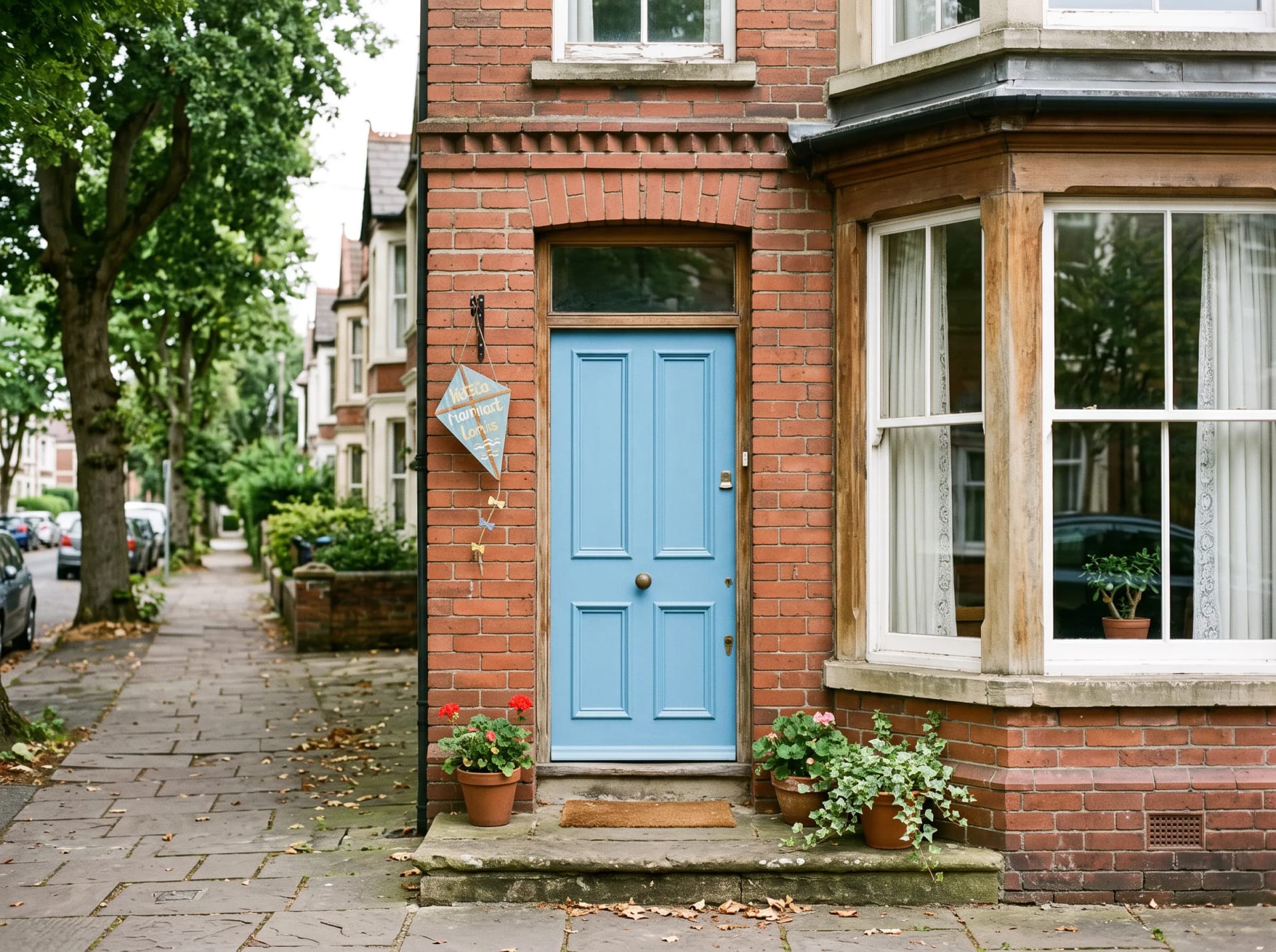 The sky-blue front door of Little Kite Therapy on Pontcanna Street, Cardiff, with its small kite sign