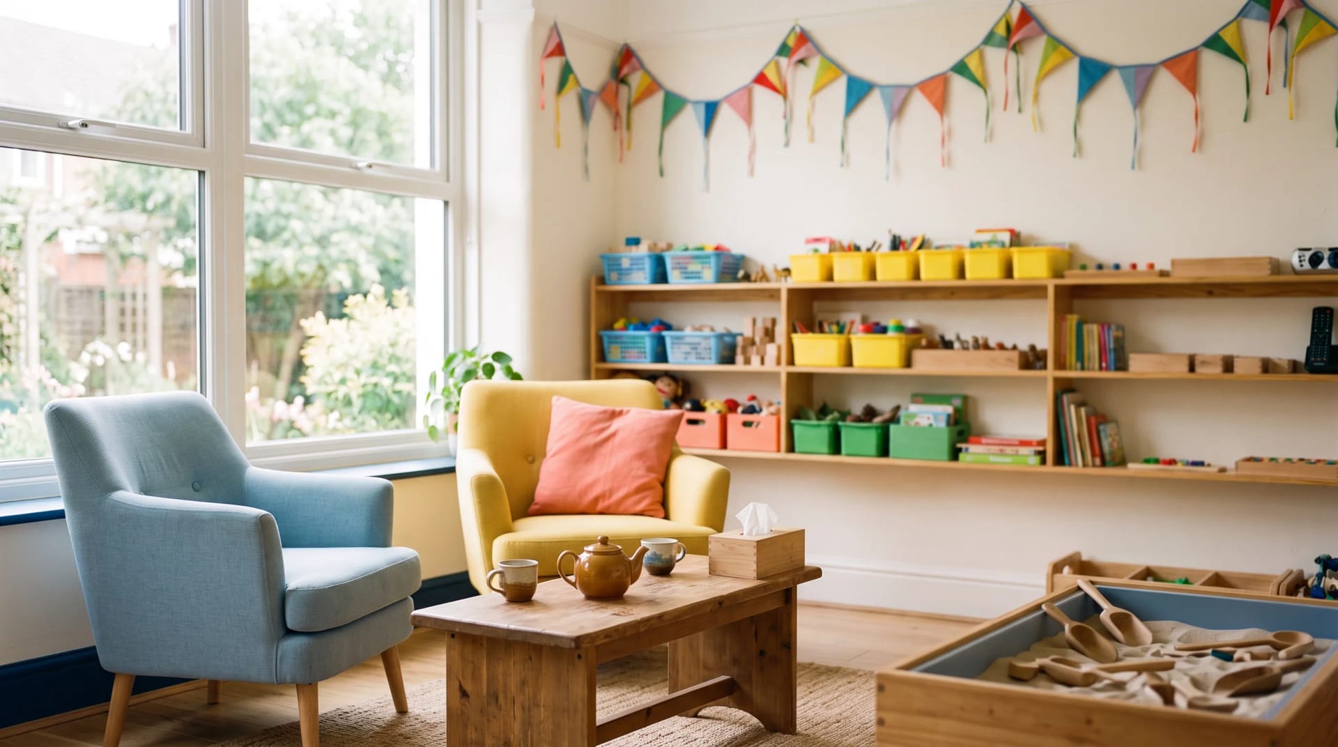 Two comfortable adult chairs and a low table with tea in the parent corner at Little Kite Therapy in Cardiff