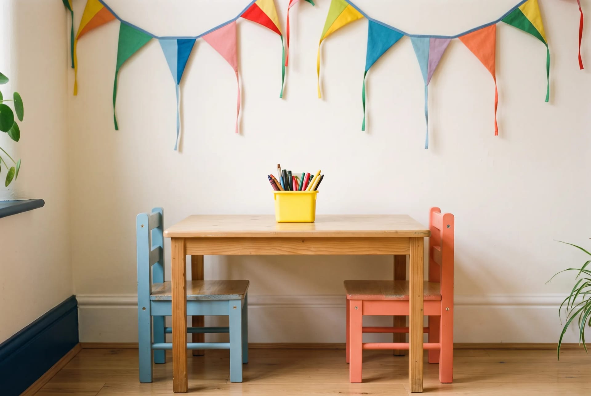 Kite bunting above the small table and chairs in the Little Kite Therapy playroom in Cardiff, no children pictured