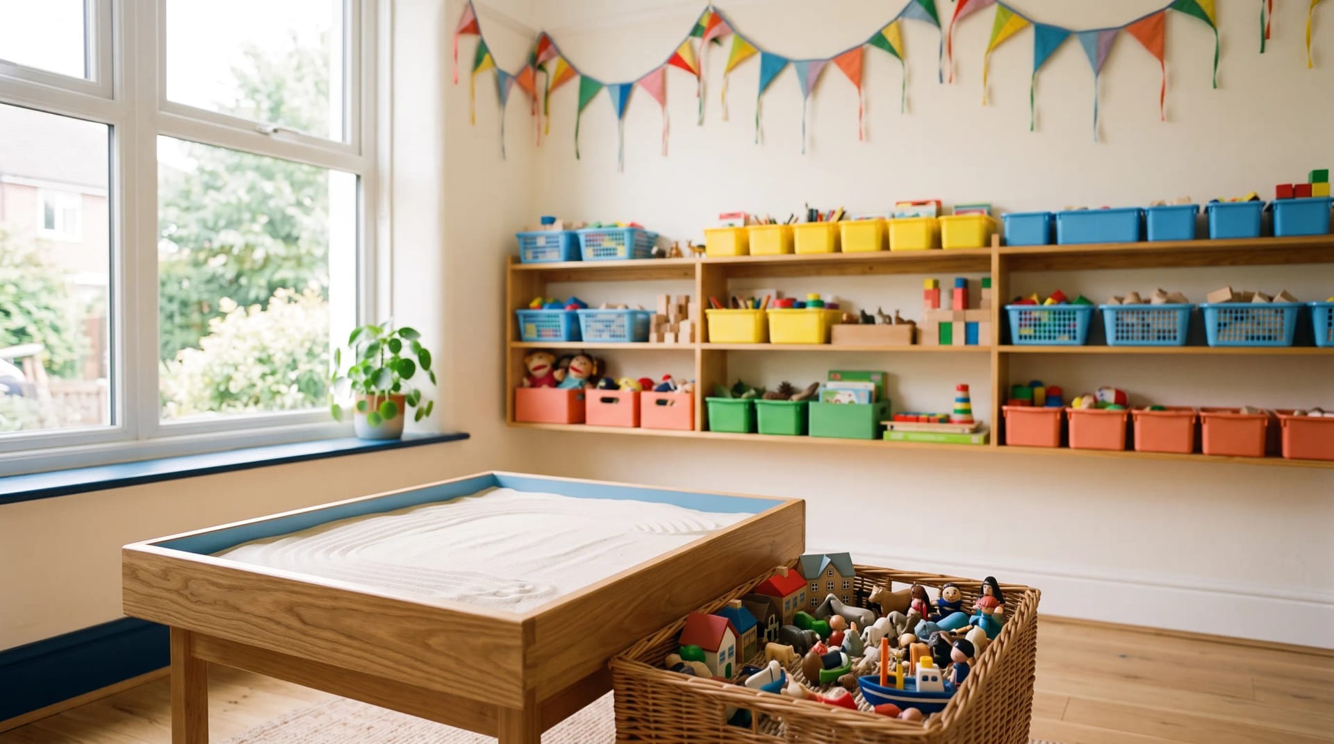 The sand tray and shelves of miniature figures in the Little Kite playroom in Cardiff, ready for a session, no children pictured